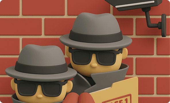 Illustration: two secret agents in hats and dark glasses in front of a brick wall.