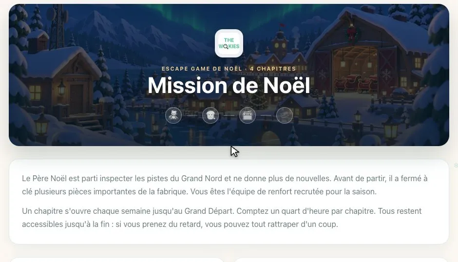 L'accueil du jeu personnalisé : logo de l'entreprise et nom de la mission.