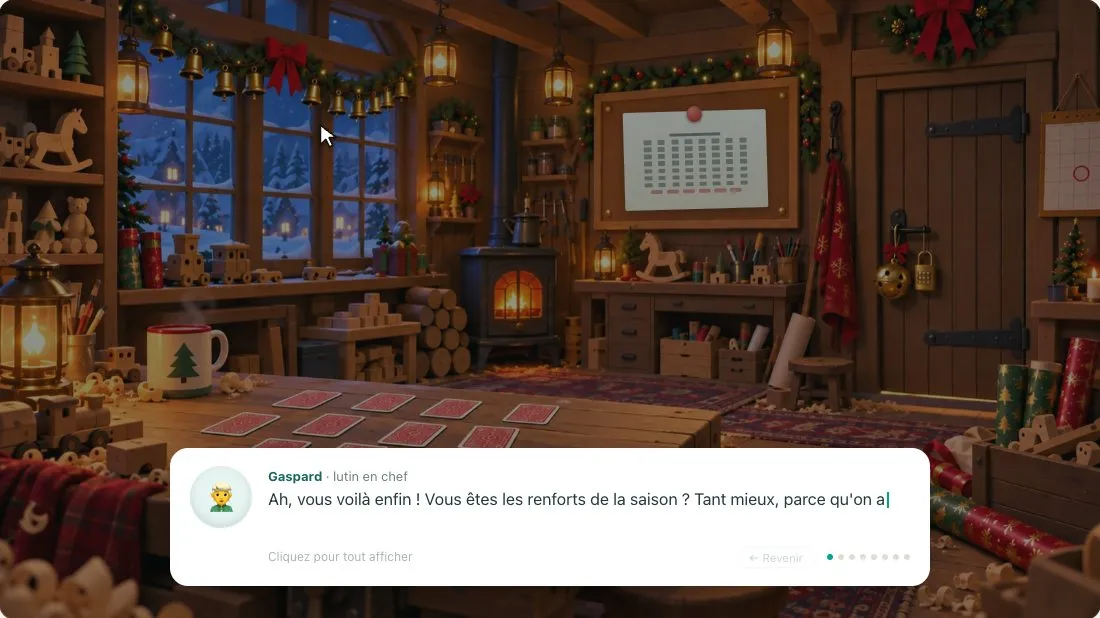 Escape game de Noël en ligne : Gaspard, le lutin en chef, accueille les collaborateurs dans l'atelier des jouets.