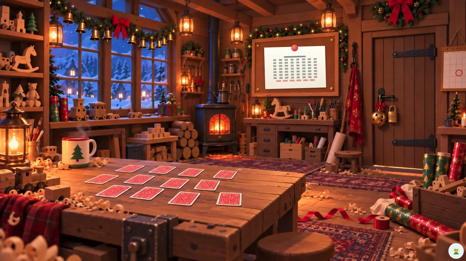 Décor de Mission Grelot, l’aventure de Noël : un salon chaleureux avec un sapin.