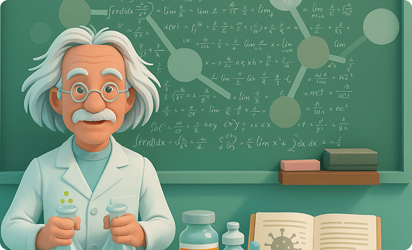 Illustration: a white-haired scientist in front of a board covered in formulas.