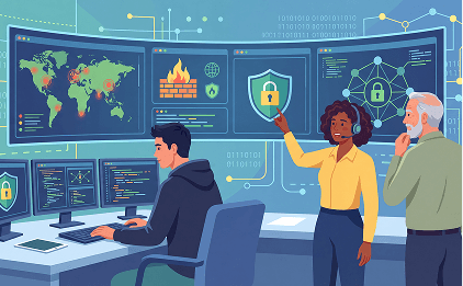 Illustration: a team in a security operations center, in front of monitoring screens and a shield with a padlock.
