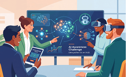 Illustration: a team discovers how artificial intelligence works in front of a large screen.