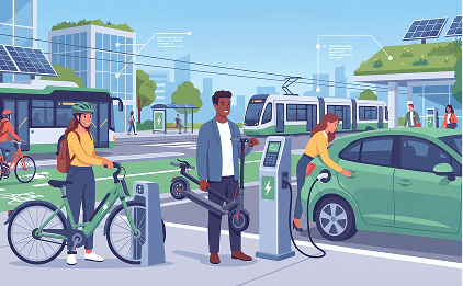 Illustration : une ville durable, avec vélos, trottinette, tramway, bornes de recharge et panneaux solaires.