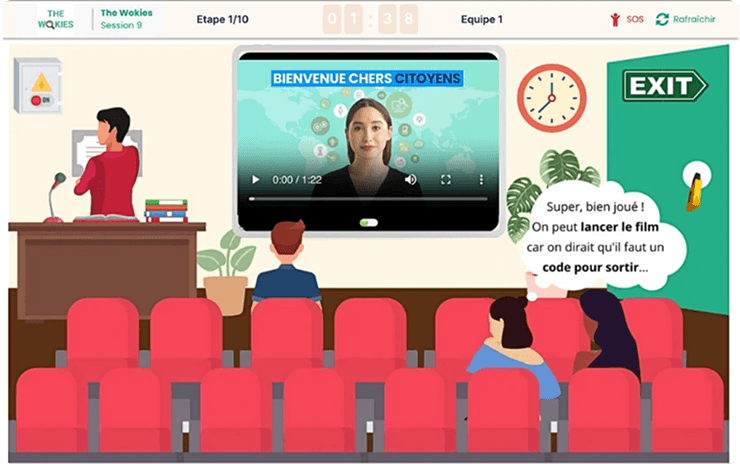 Game screen: a cinema where each player has their own role, with an introduction video and speech bubbles between teammates.