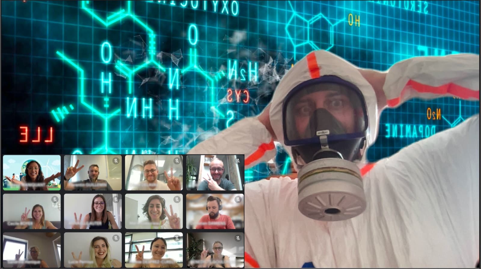 A Game Master in a hazmat suit and gas mask hosts the game on video call, in front of players making the victory sign.