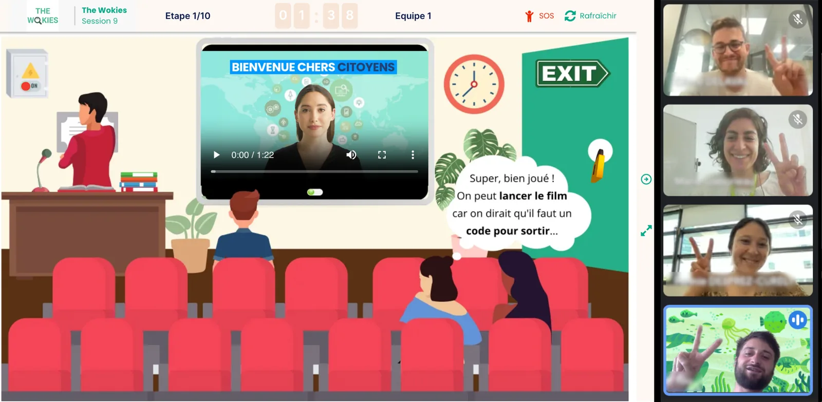 Screen of the online Serious Escape Game: an illustrated movie theater and players' video feeds