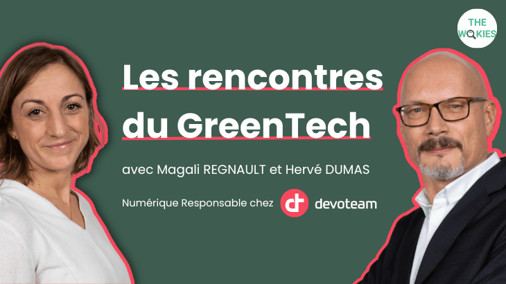 "Les rencontres du GreenTech" graphic with portraits of Magali Regnault and Hervé Dumas, Responsible Digital leaders at Devoteam