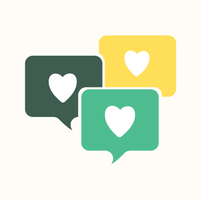 Three speech bubbles, each containing a heart