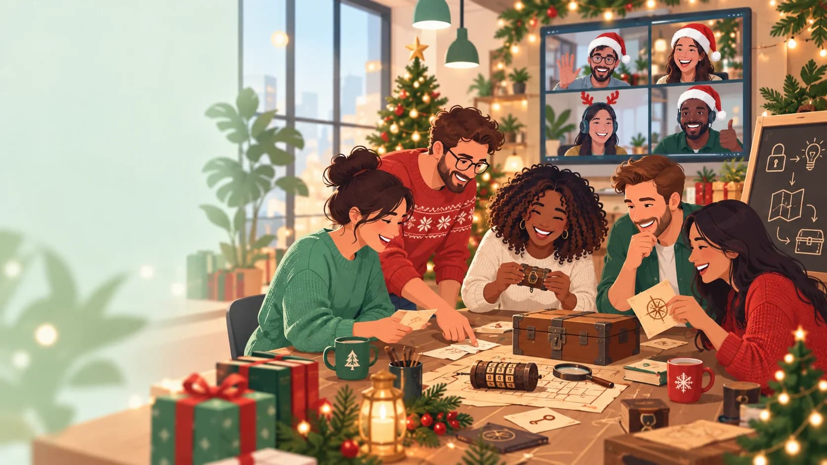 Illustration of colleagues solving Christmas escape game puzzles around a table, with remote colleagues on a screen