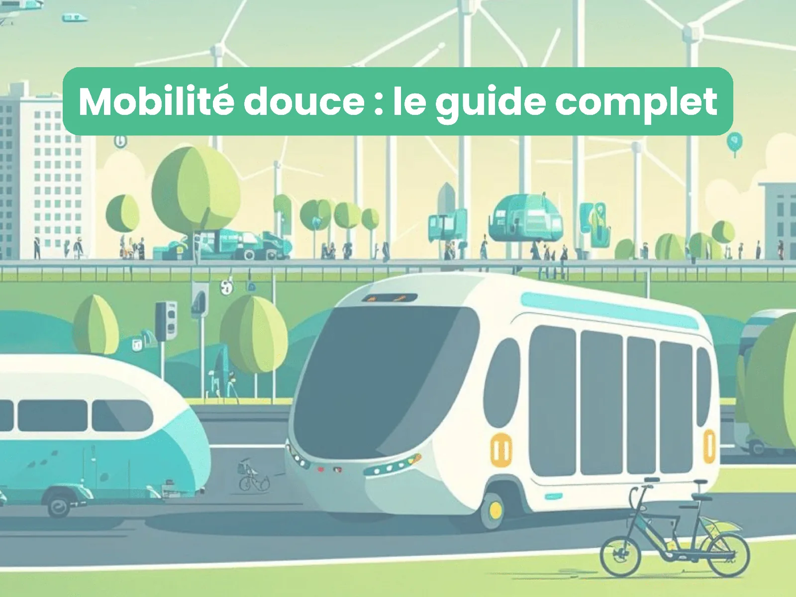 Illustration of a city with an electric bus, a tram and bicycles, under the title "Soft mobility: the complete guide"