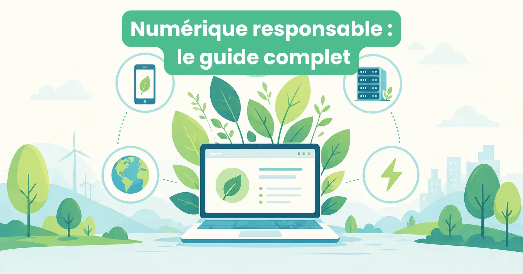 Illustration of a laptop surrounded by leaves, a smartphone, a server and renewable energy, under the title "Responsible digital: the complete guide"