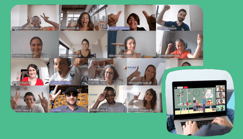 Mosaic of smiling players on a video call during an online escape game