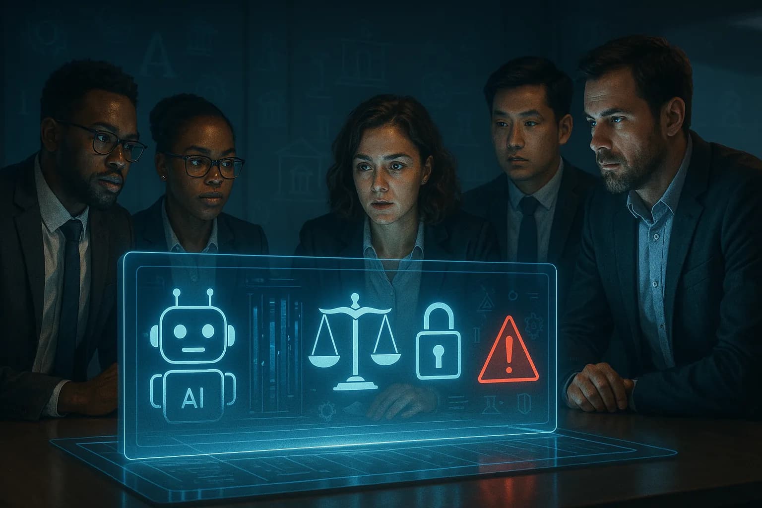 Colleagues looking at a holographic screen with icons for AI, justice, security and alerts