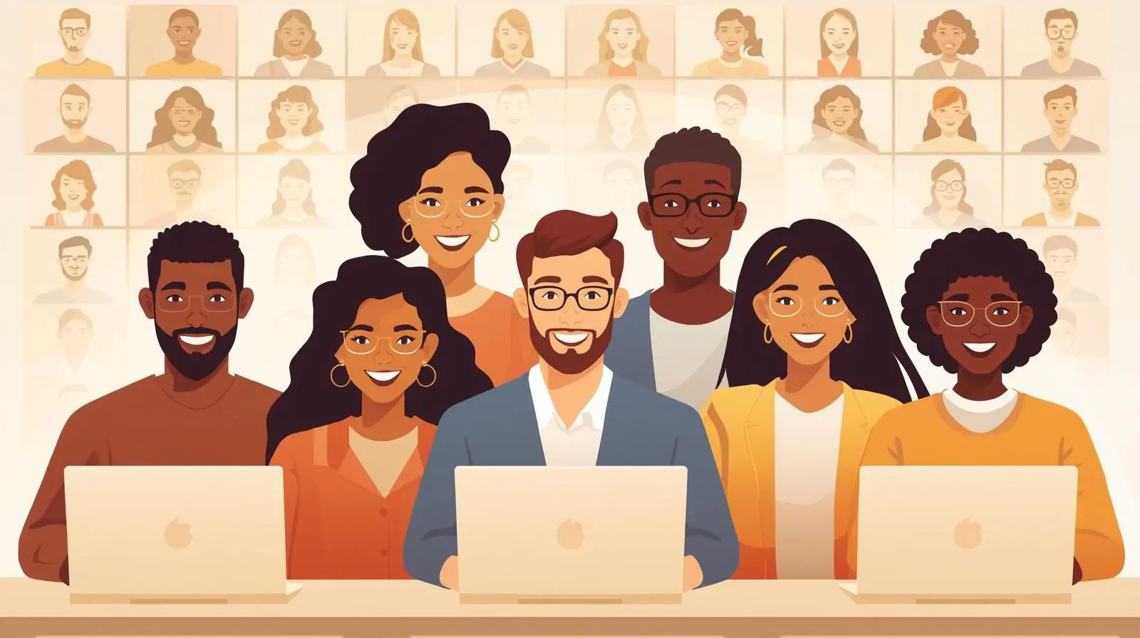 Company team on a video call taking part in a virtual team building activity, smiling and connected from different places, showing online cohesion and collaboration.