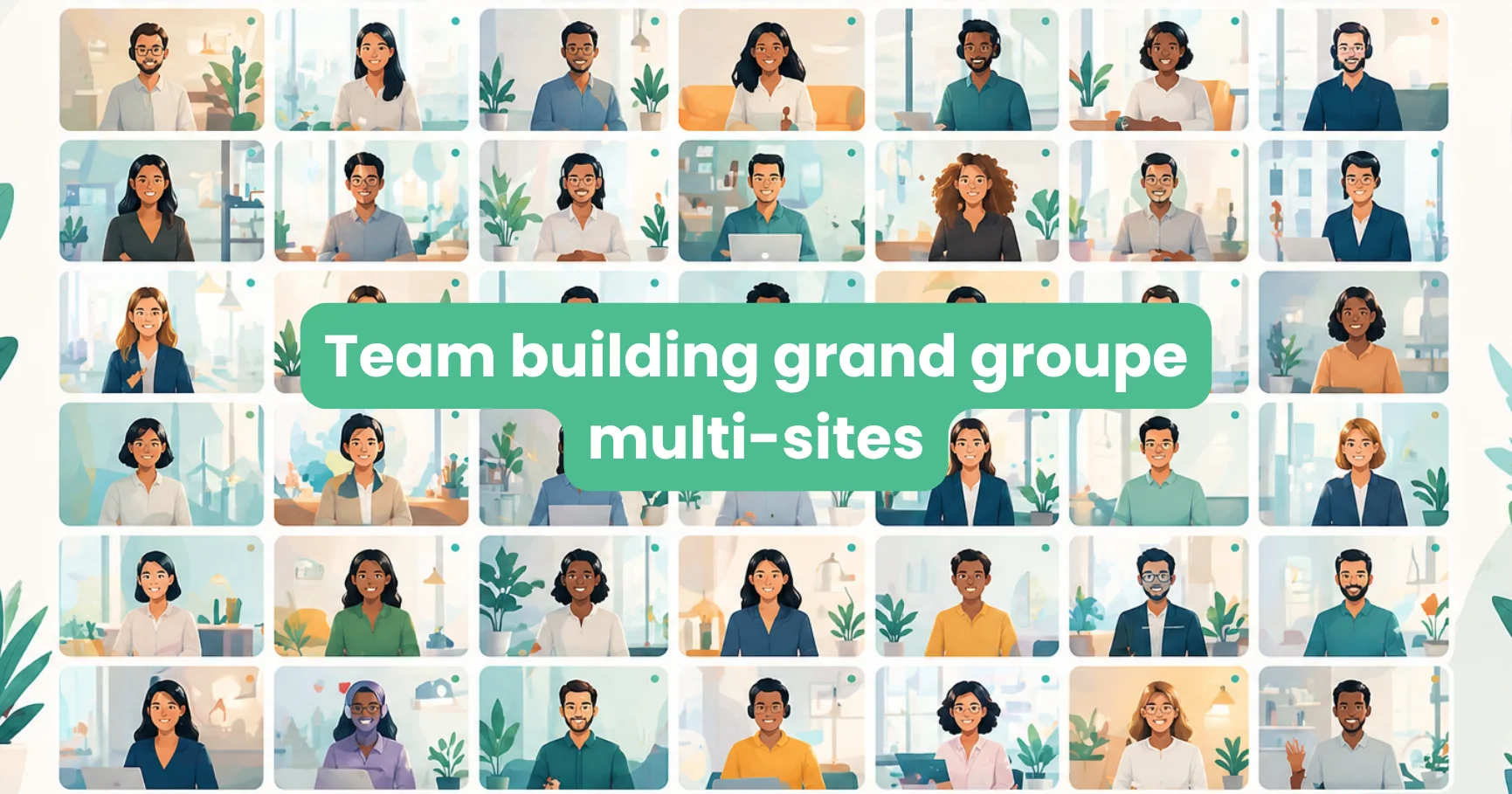 Mosaïque d'écrans illustrant un team building digital réunissant des dizaines de collaborateurs en visio depuis plusieurs sites pour une activité collaborative.