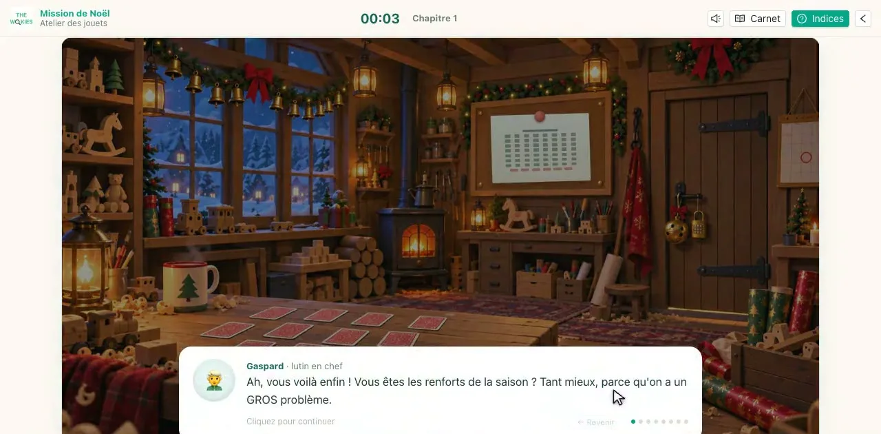 Team building de Noël en ligne : l'atelier des jouets du Père Noël, où Gaspard le lutin accueille les joueurs