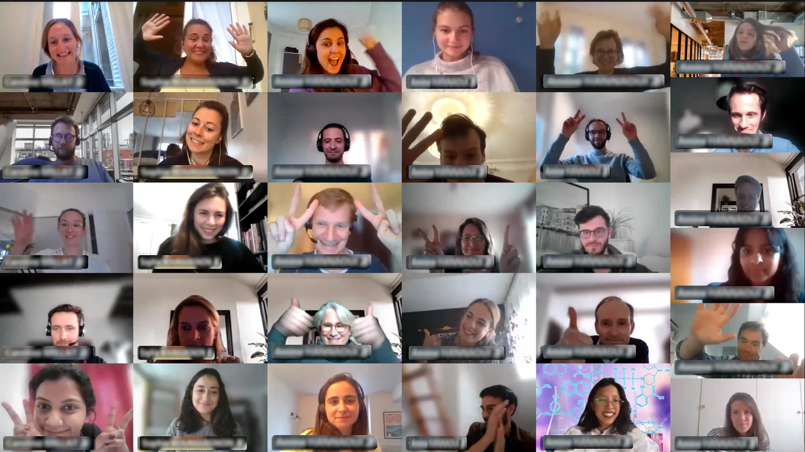 Mosaic of smiling employees on a video call