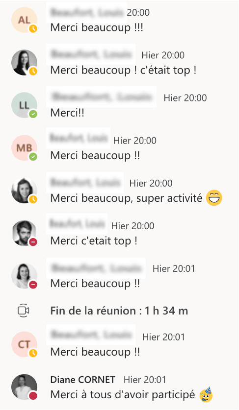 Thank-you messages from participants in the video call chat after the game