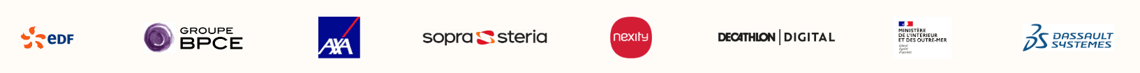 Client logos: EDF, Groupe BPCE, AXA, Sopra Steria, Nexity, Decathlon Digital, a ministry and Dassault Systèmes